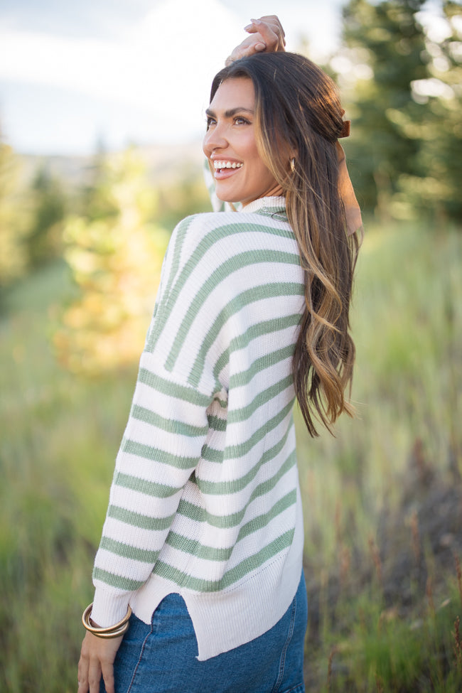 Keep On Shining Olive And Cream Striped Turtleneck Sweater