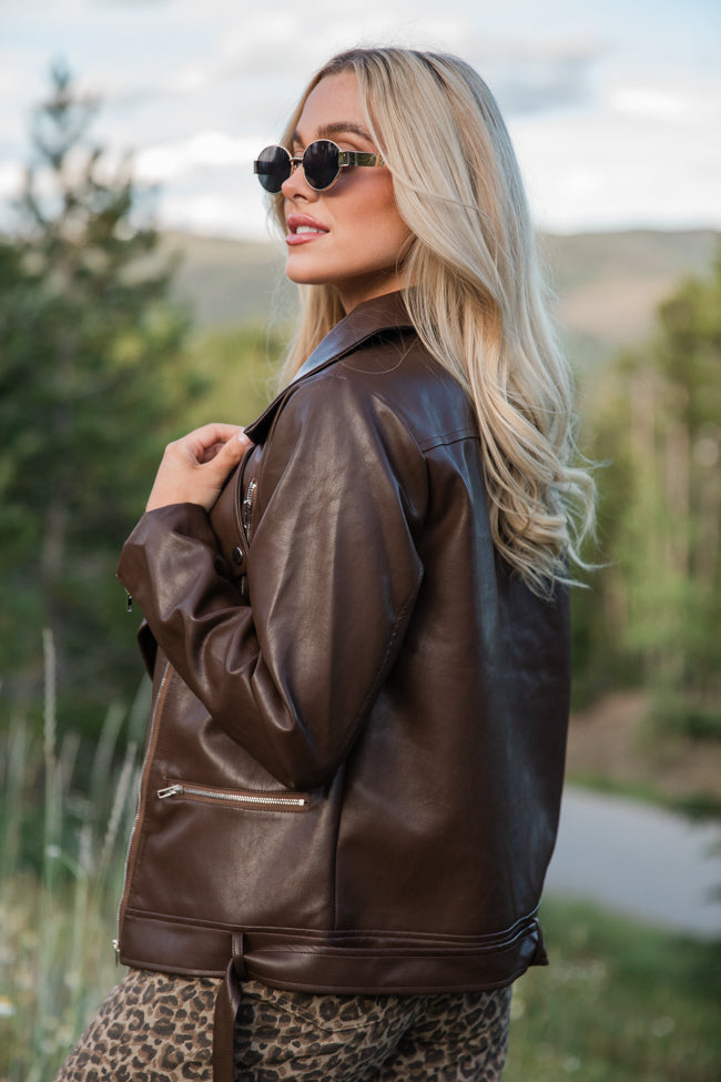 Vagabond Adventures Chocolate Brown Faux Leather Moto Jacket