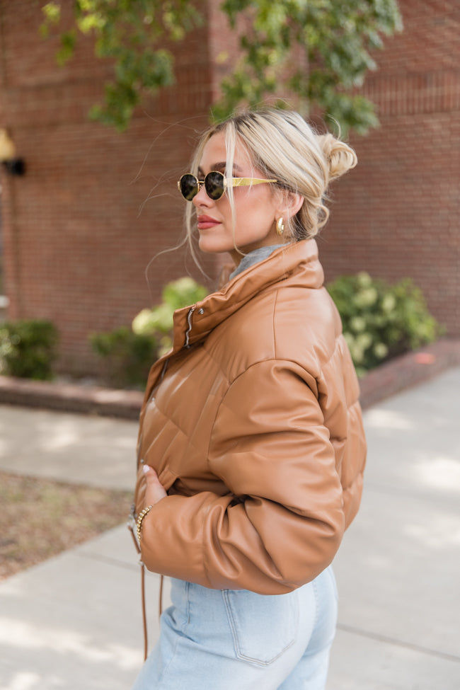 Free Reign Camel Faux Leather Puffer Jacket