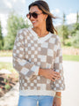 Warm Hearts Taupe Fuzzy Checkered V-neck Sweater