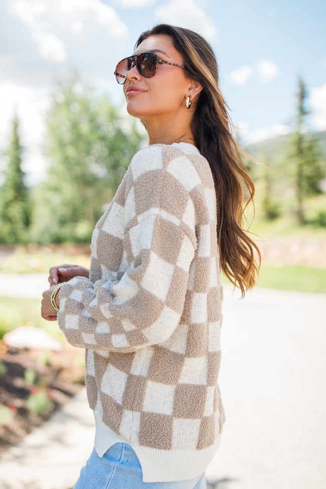 Warm Hearts Taupe Fuzzy Checkered V-neck Sweater