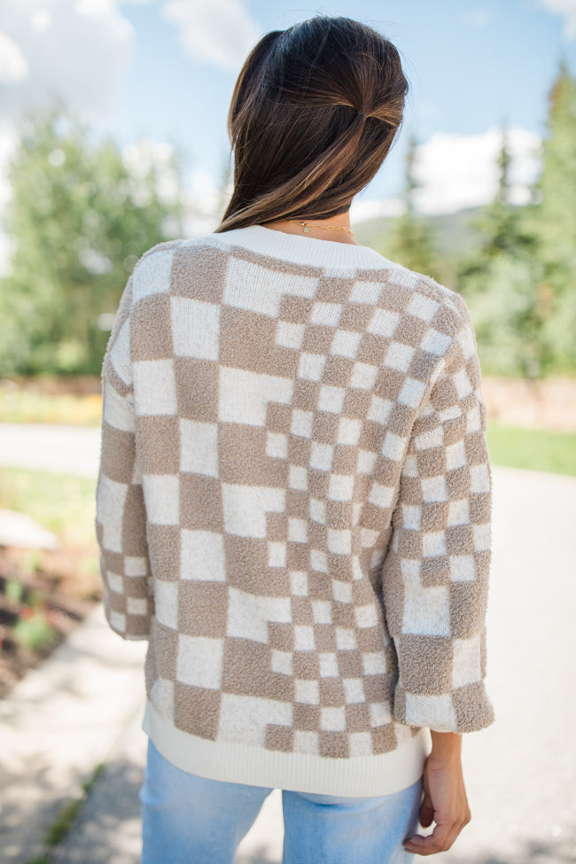 Warm Hearts Taupe Fuzzy Checkered V-neck Sweater