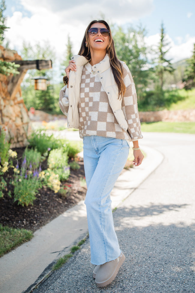 Warm Hearts Taupe Fuzzy Checkered V-neck Sweater