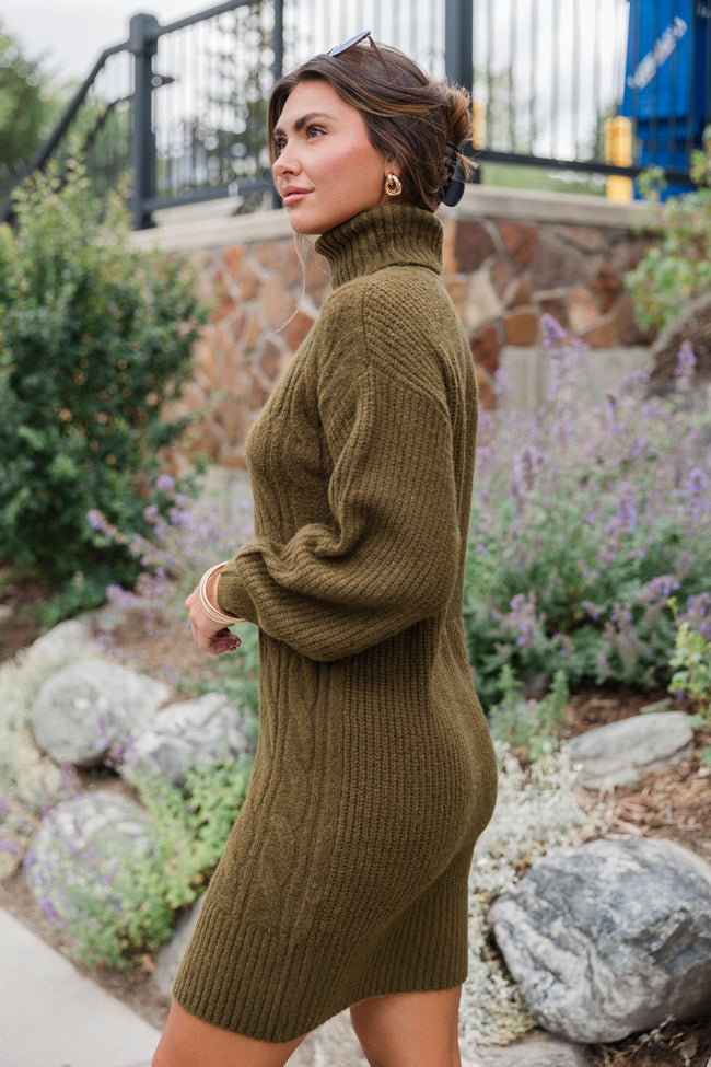 Sweetest Harmony Olive Textured Turtleneck Dress