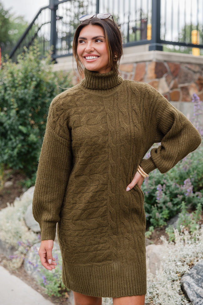 Sweetest Harmony Olive Textured Turtleneck Dress