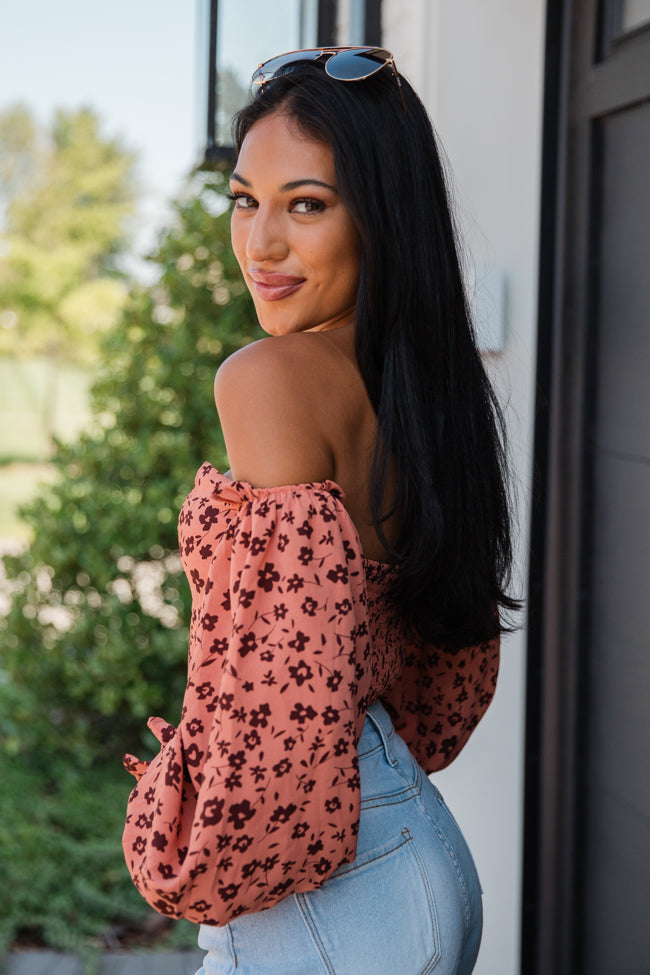 Don't Look Back Brick Floral Print Off The Shoulder Corset Blouse