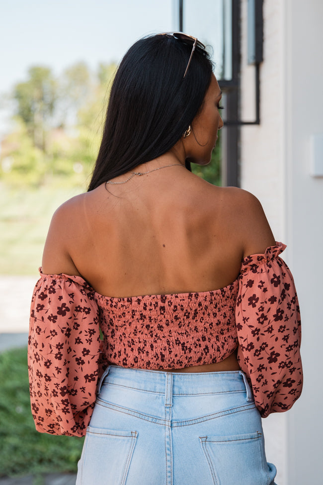 Don't Look Back Brick Floral Print Off The Shoulder Corset Blouse