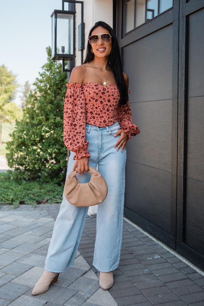 Don't Look Back Brick Floral Print Off The Shoulder Corset Blouse