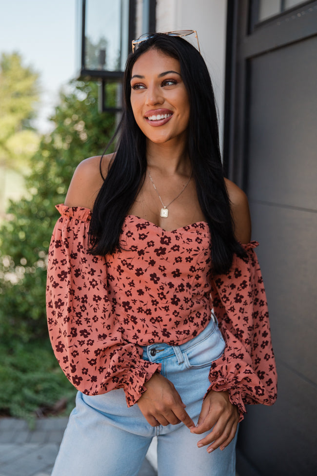 Don't Look Back Brick Floral Print Off The Shoulder Corset Blouse