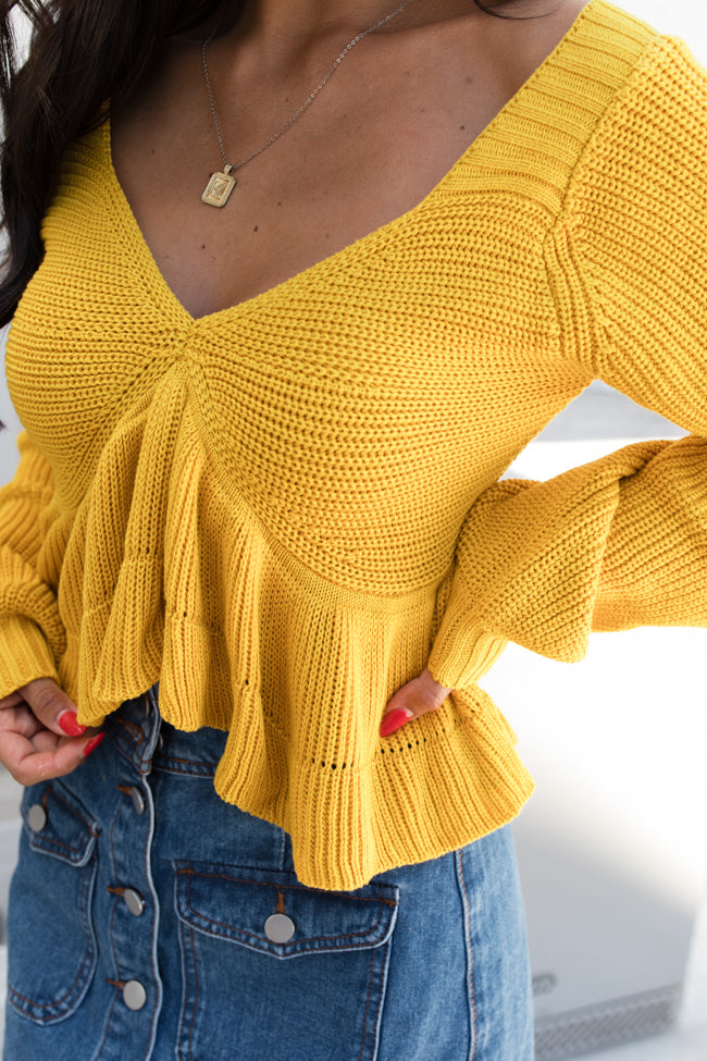 Find Your Way Mustard Ruffle Hem V-Neck Sweater