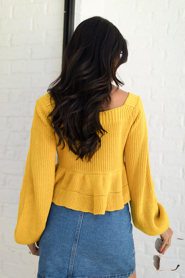 Find Your Way Mustard Ruffle Hem V-Neck Sweater