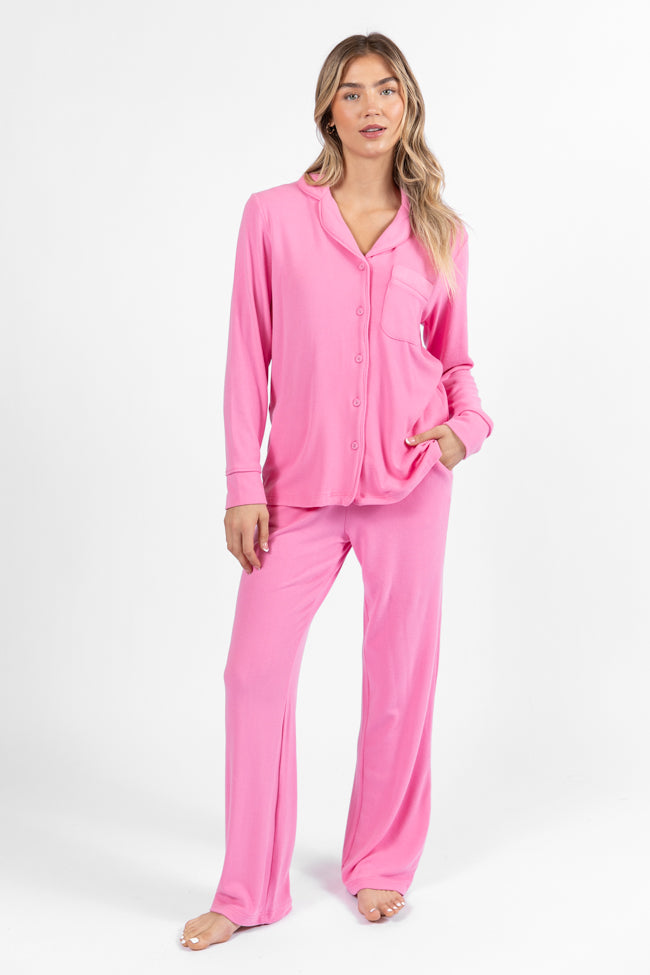 Drifting Off Pink Ribbed Pajama Set