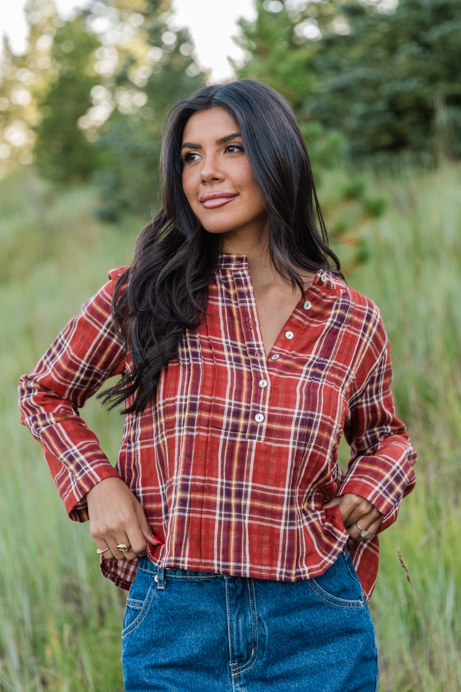 Most Wanted Rust Plaid Woven Blouse