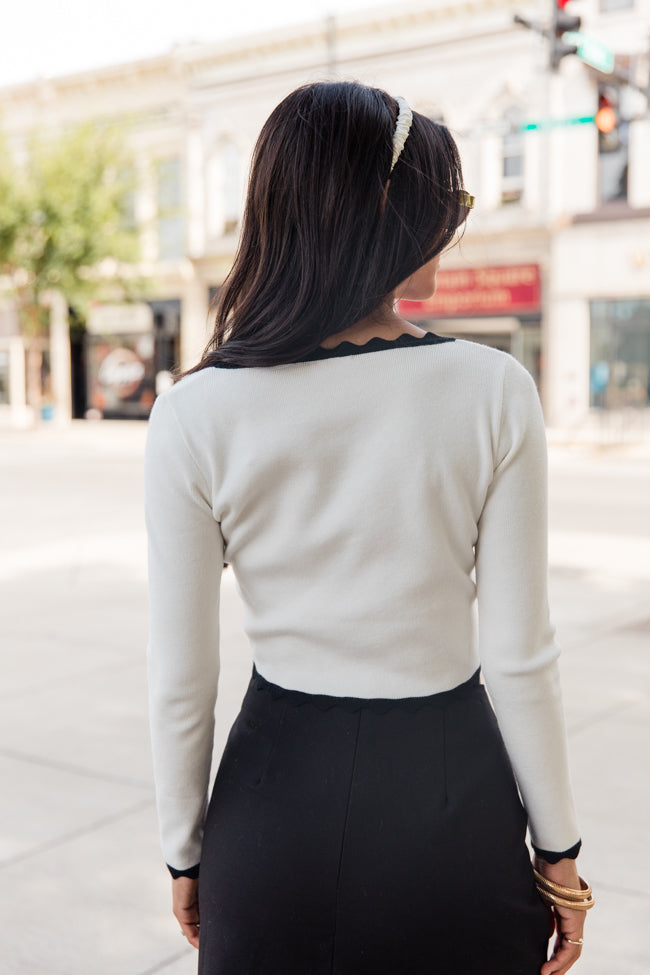 Not Much Different Ivory and Black Contrast Scalloped Hem Sweater