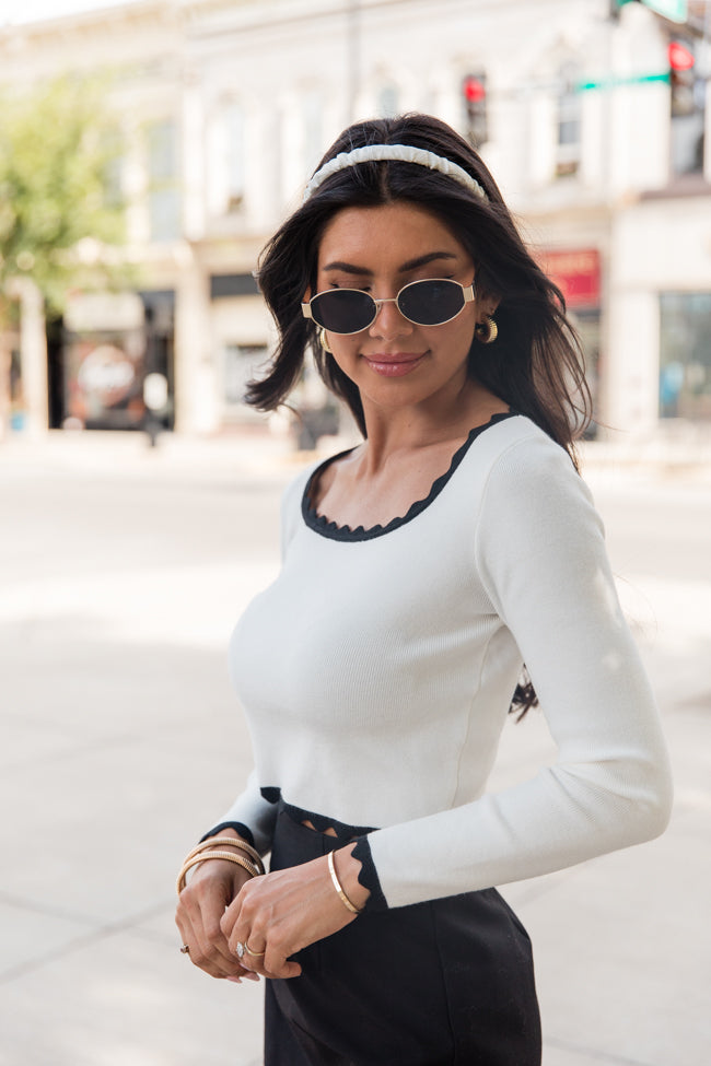 Not Much Different Ivory and Black Contrast Scalloped Hem Sweater