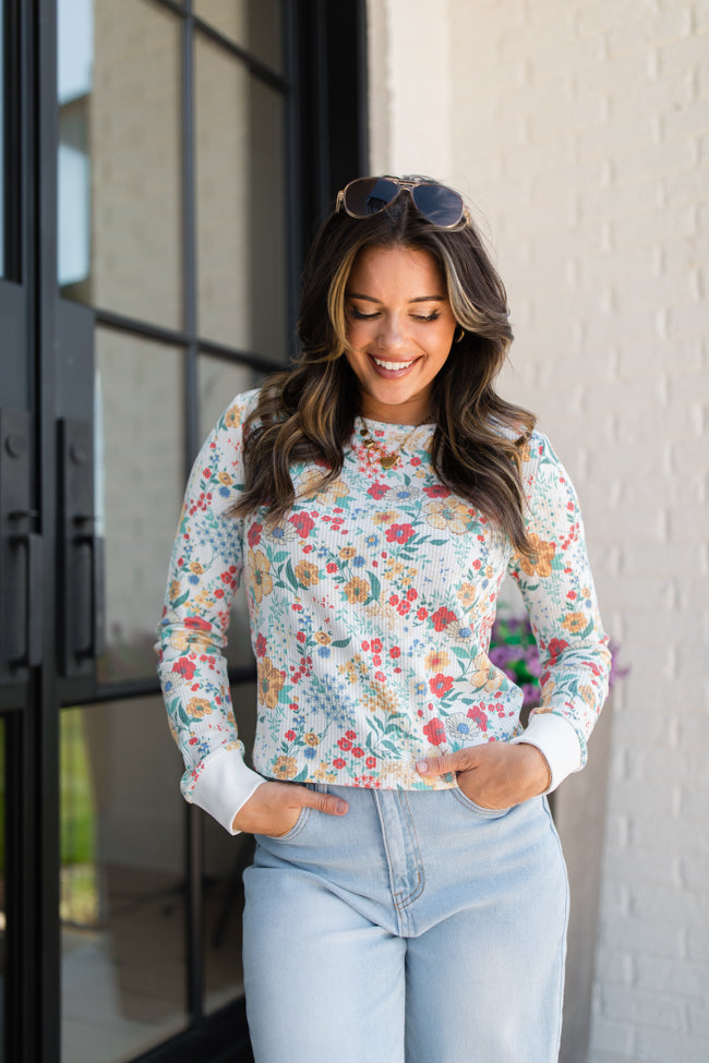 Lazy Daisy Red and Mustard Multi Floral Print Waffle Layering Top