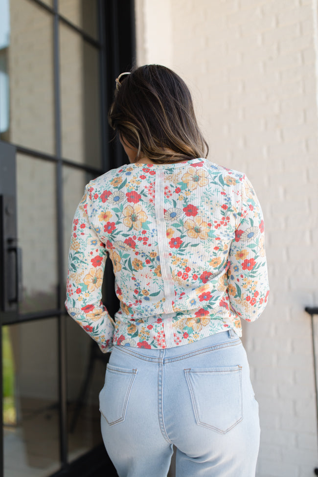 Lazy Daisy Red and Mustard Multi Floral Print Waffle Layering Top