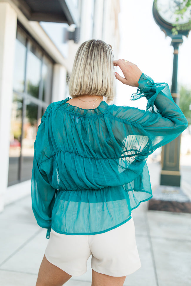 Breathe Deeper Jade Sheer Ruched Blouse