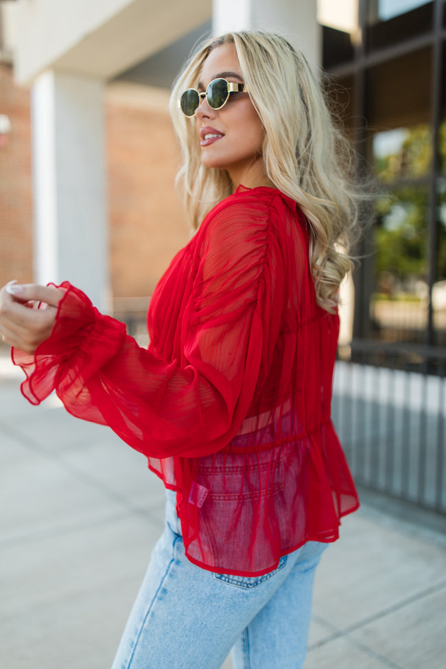 Breathe Deeper Red Sheer Ruched Blouse