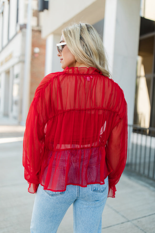 Breathe Deeper Red Sheer Ruched Blouse