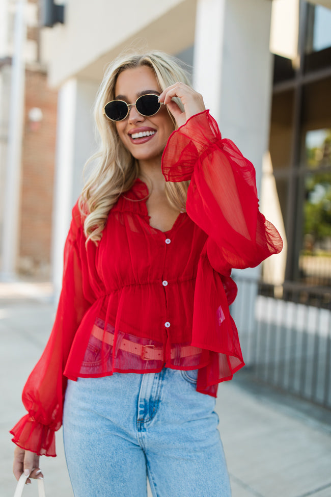 Breathe Deeper Red Sheer Ruched Blouse