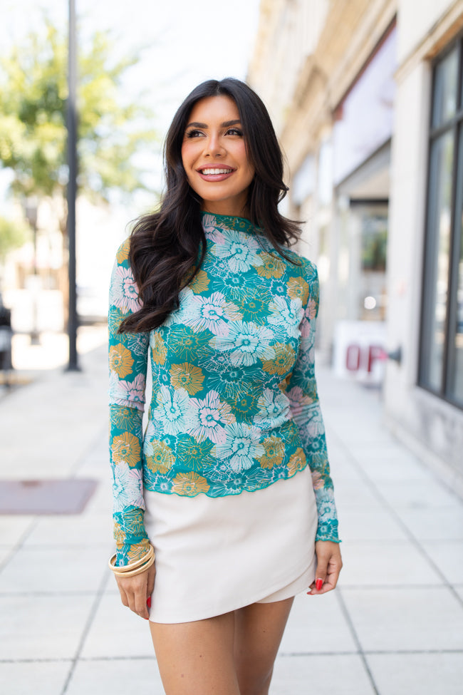 Take Me Anywhere In Cool Blossoms Mesh Sleeve Mock Neck Top