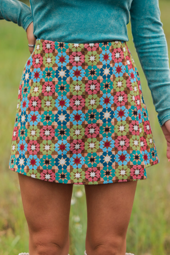 Sweet Escapes Teal Multi Jacquard Floral Skort