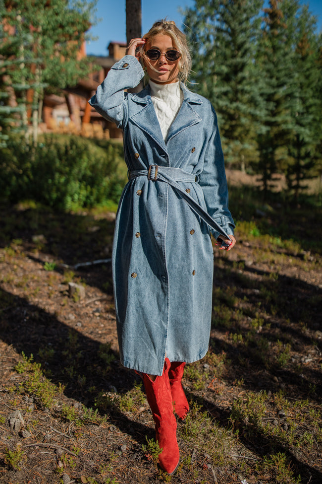 So Simple Light Wash Denim Trench Coat