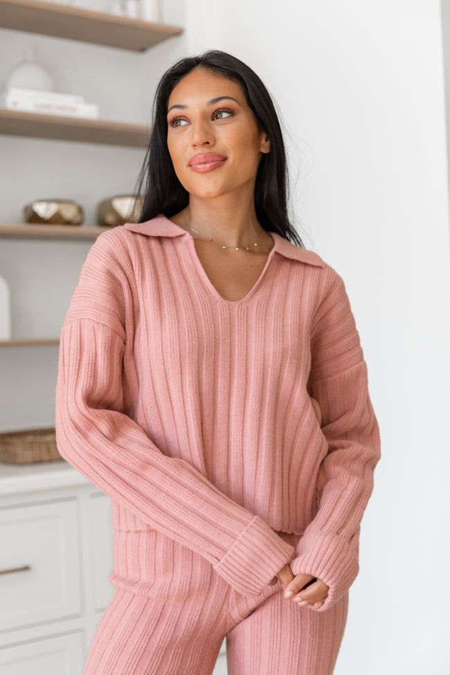 For The Long Haul Mauve Collared V-Neck Sweater