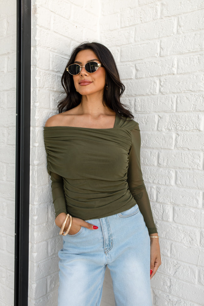 Forever Happy Olive Mesh Sleeve Draped Off The Shoulder Top FINAL SALE