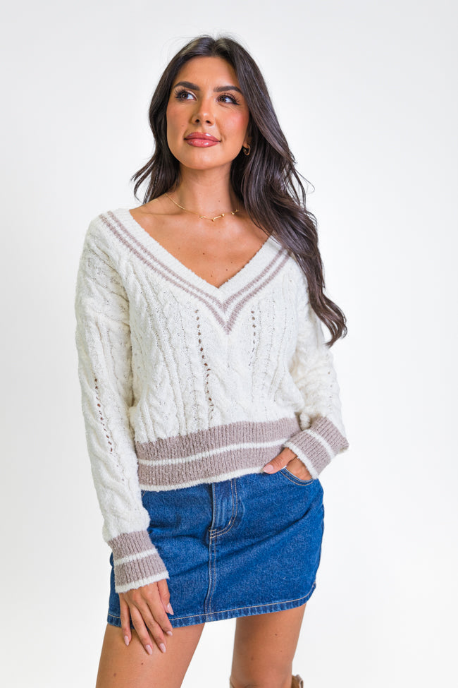 City Line Ivory Varsity V-Neck Sweater