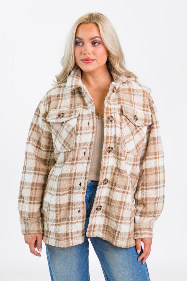 Through The Leaves Khaki Sherpa Plaid Shacket