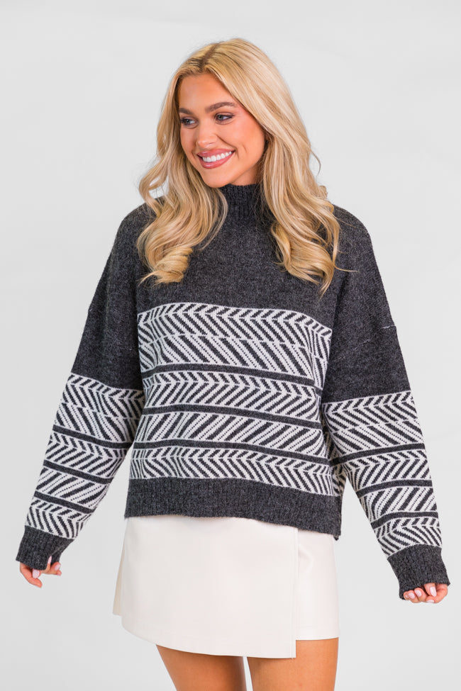 Back And Forth Charcoal Printed Mock Neck Sweater