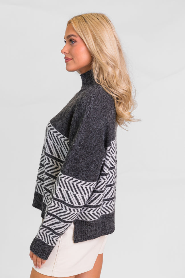 Back And Forth Charcoal Printed Mock Neck Sweater