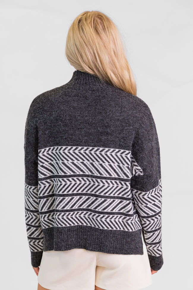 Back And Forth Charcoal Printed Mock Neck Sweater