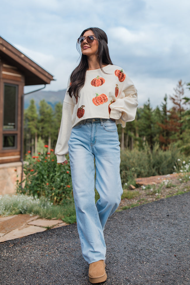 Pumpkin Spice Please Ivory Sequin Patch Sweatshirt