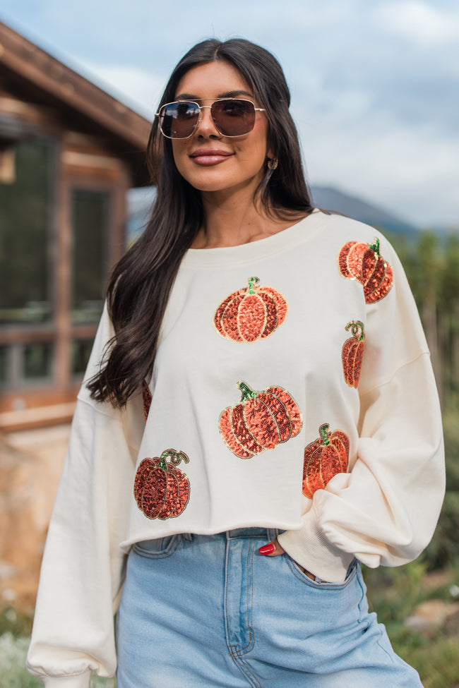 Pumpkin Spice Please Ivory Sequin Patch Sweatshirt