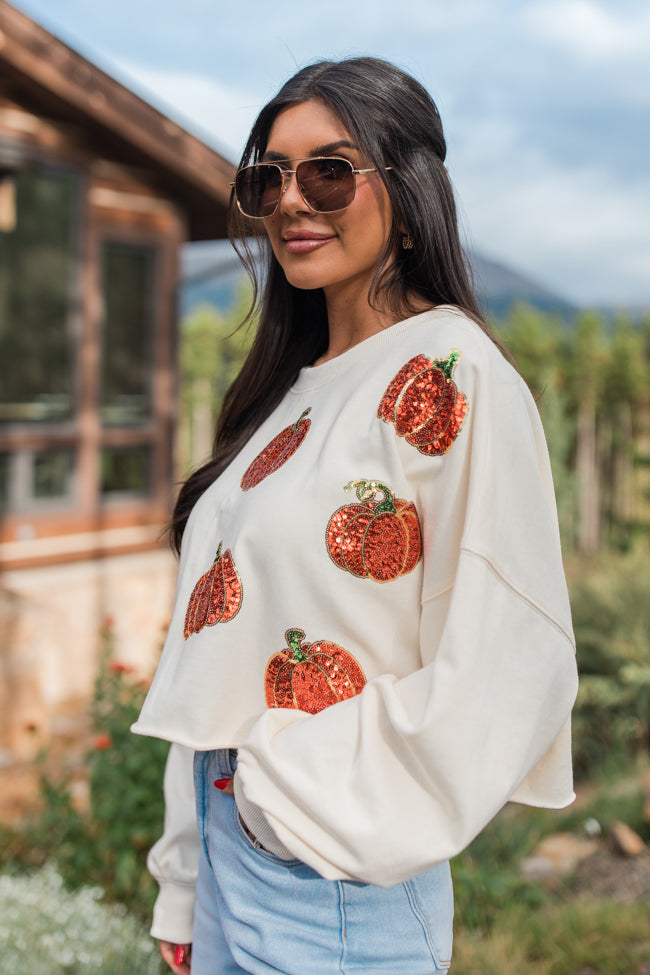 Pumpkin Spice Please Ivory Sequin Patch Sweatshirt