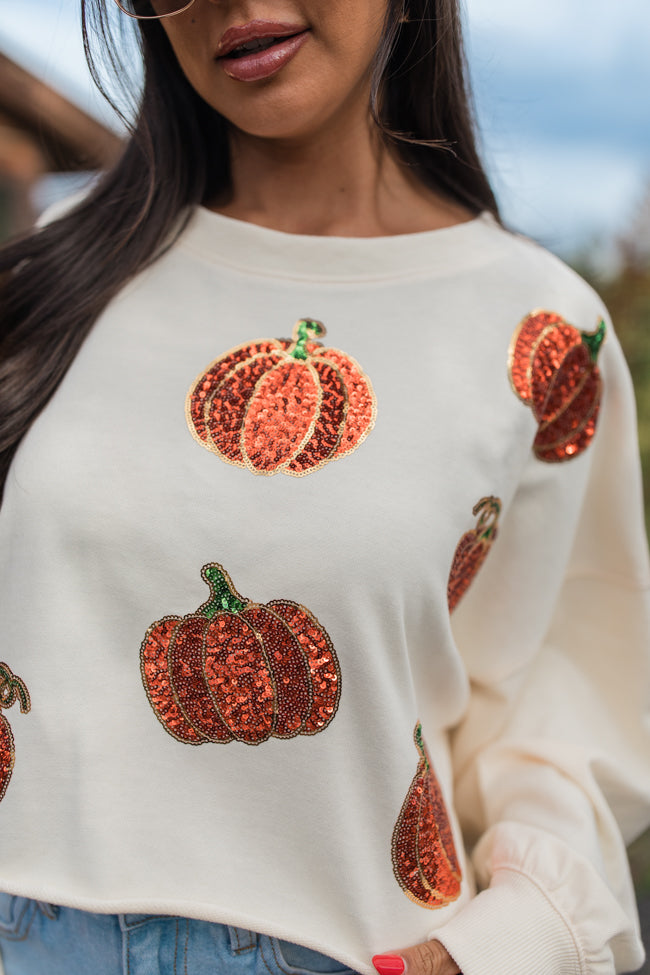 Pumpkin Spice Please Ivory Sequin Patch Sweatshirt