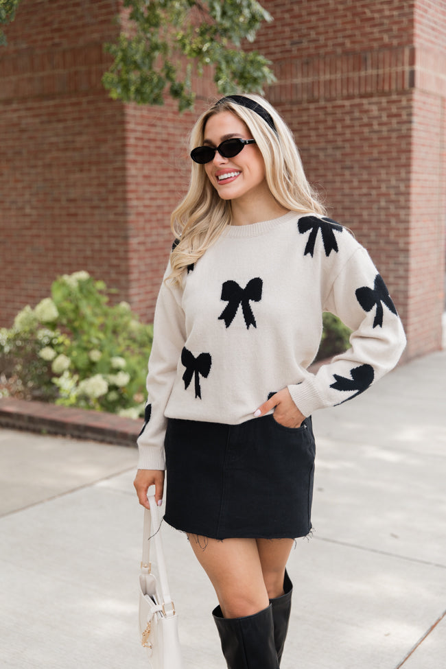 Tied Up Beige and Black Bow Print Sweater