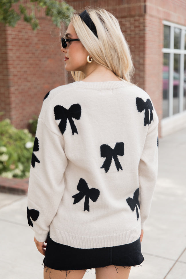 Tied Up Beige and Black Bow Print Sweater