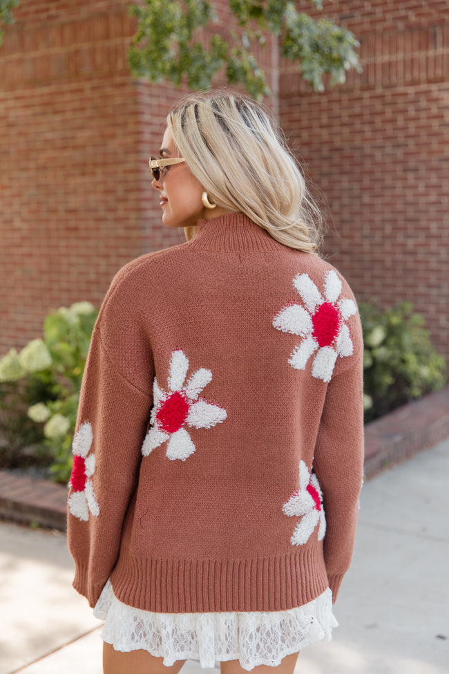 Fall Into Place Brown Textured Floral Print Mock Neck Sweater