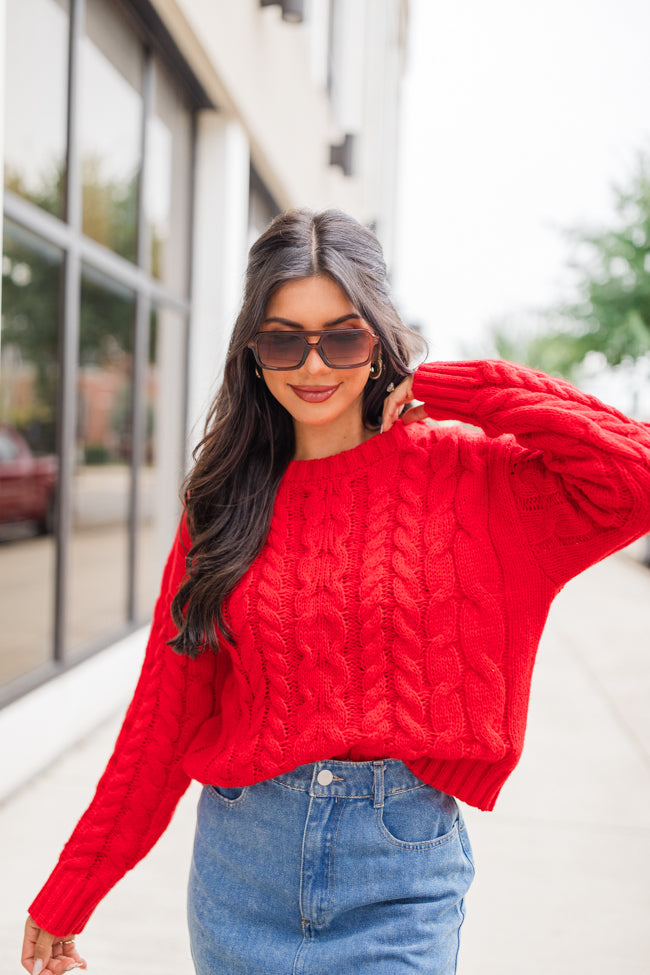 A Cozy Place Red Cable Knit Crew Neck Sweater