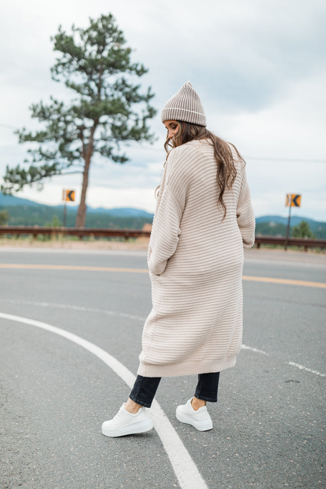 Morgann Beige Textured Long Cardigan Emily Fauver X Pink Lily