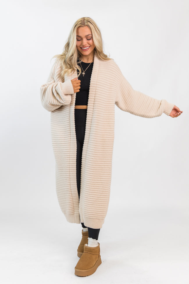 Morgann Beige Textured Long Cardigan Emily Fauver X Pink Lily