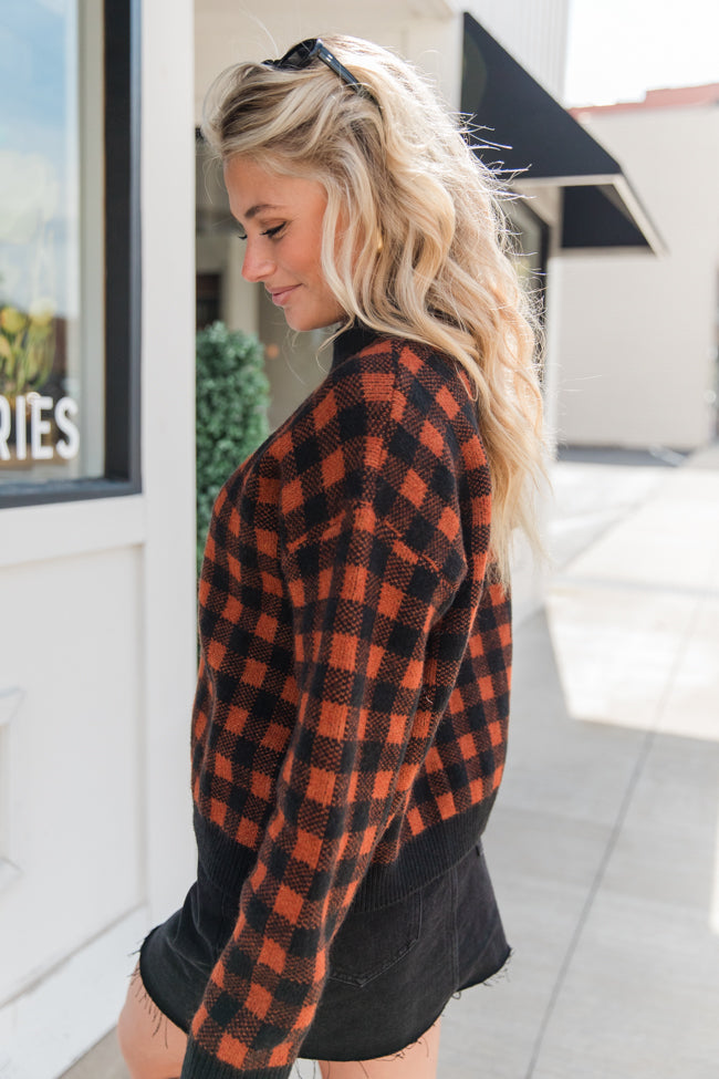 Plaid Pursuit Black and Camel Mock Neck Sweater