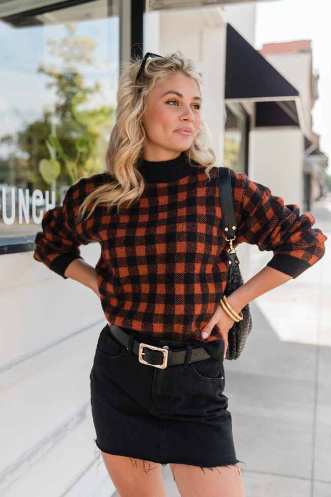 Plaid Pursuit Black and Camel Mock Neck Sweater