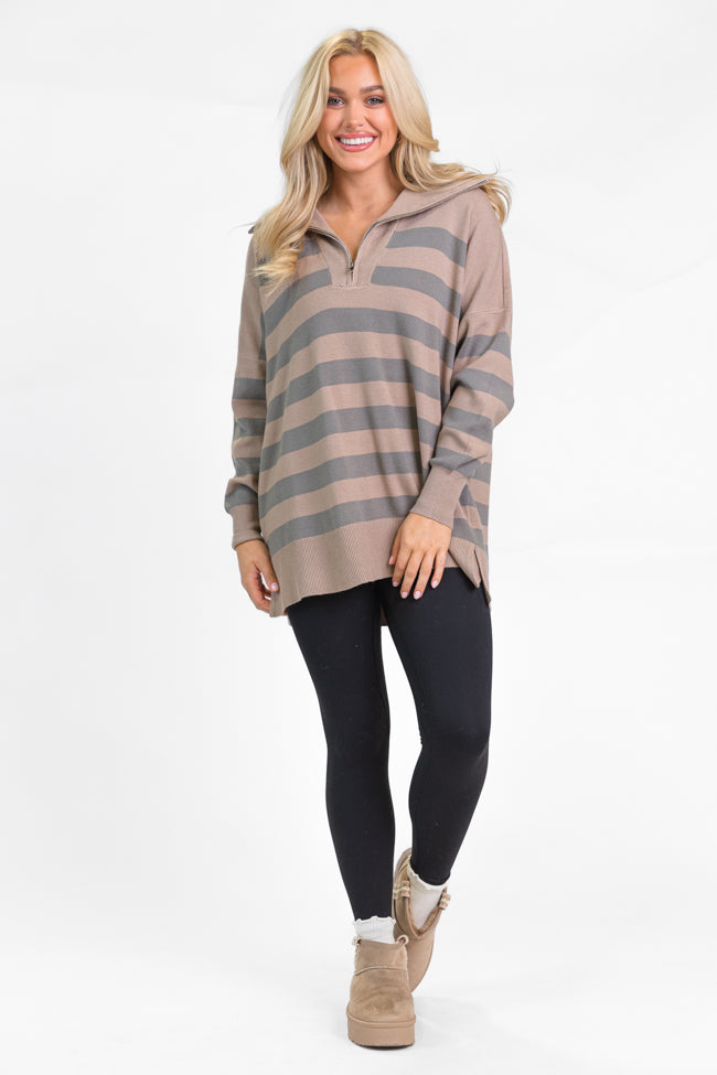 Pulling Heartstrings Taupe Striped Quarter Zip Pullover