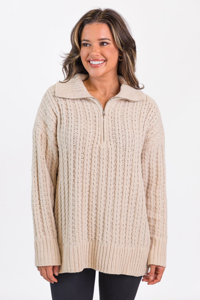 Forever Yours Beige Cable Knit Chenille Quarter Zip Sweater