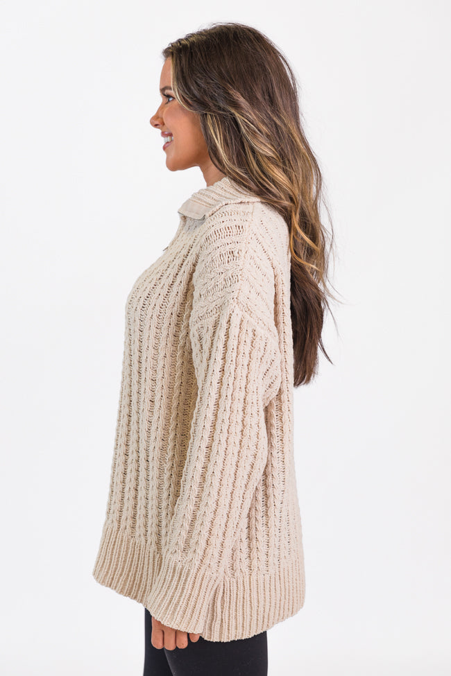 Forever Yours Beige Cable Knit Chenille Quarter Zip Sweater